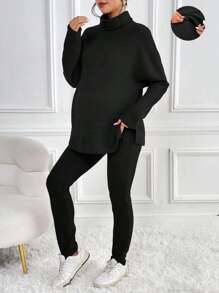 SHEIN Maternity Turtleneck Batwing Sleeve Tee & Adjustable Waist Leggings, For Winter - Black - View 1