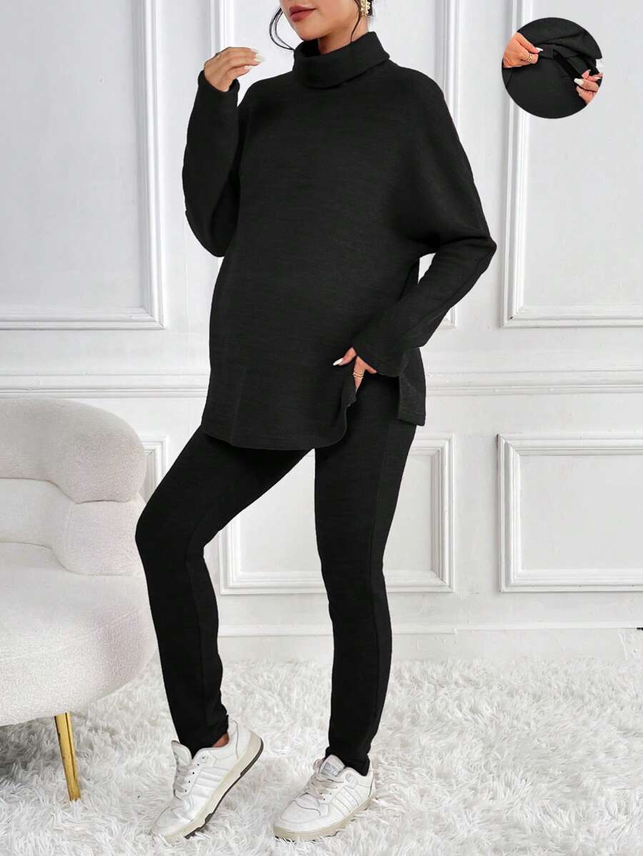 SHEIN Maternity Turtleneck Batwing Sleeve Tee & Adjustable Waist Leggings, For Winter - Black - View 1