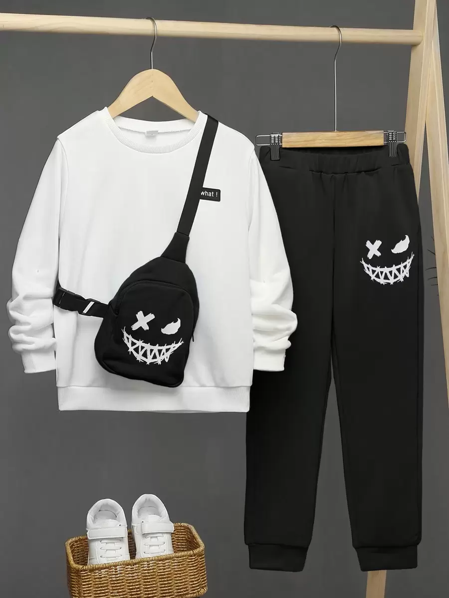 SHEIN Tween Boy Letter Patched Pullover & Expression Print Sweatpants & Bag - Black - View 1