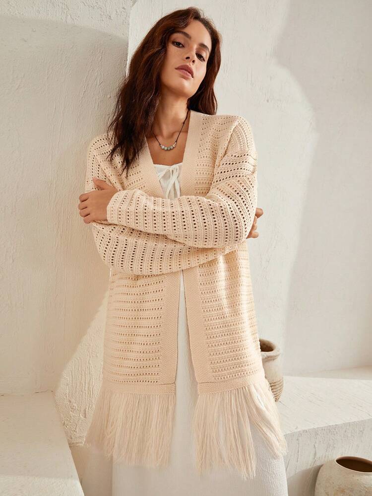 Fringe Hem Drop Shoulder Cardigan