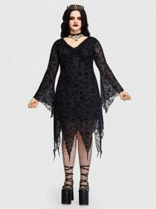 ROMWE PUNK Plus Floral Pattern Asymmetrical Hem Dress - Black - View 6