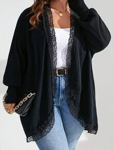 SHEIN LUNE Plus Contrast Lace Batwing Sleeve Duster Cardigan - Black - View 6