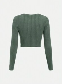 青少年女孩素色T恤和高衩半身裙 - 綠色 - 查看 6