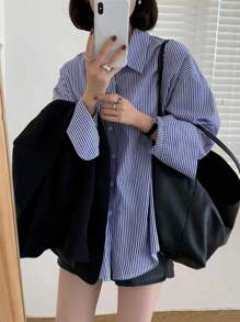 Blusa casual, suelta y sencilla con rayas para la Primavera/Verano 2025 - Azul - Ver 1