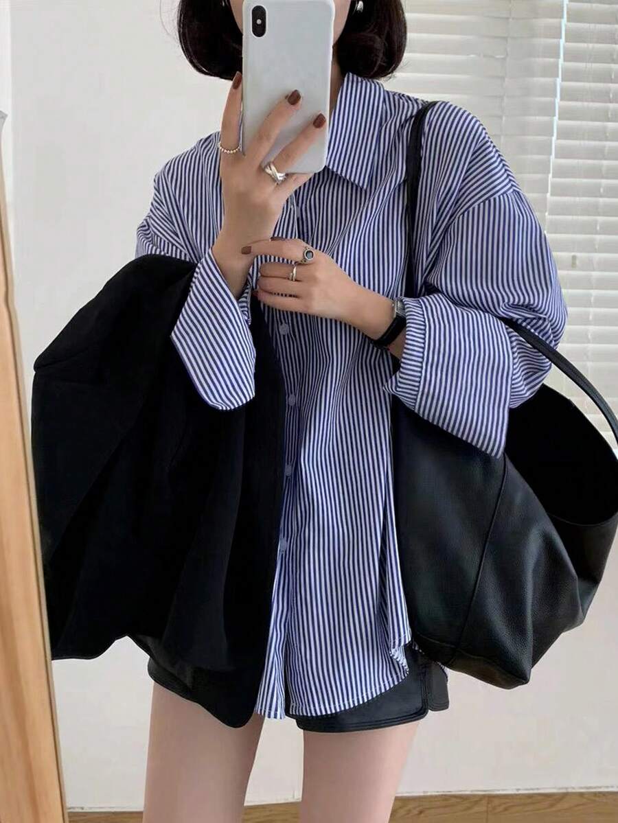 Blusa casual, suelta y sencilla con rayas para la Primavera/Verano 2025 - Azul - Ver 1