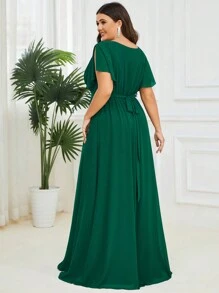 EVERPRETTY Elegant V-Neck Ruffle Petal Sleeve Floor Length Green Wedding Guest Bridesmaid Dress, Spring/Summer - Dark Green - View 3