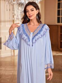 蕾絲拼接荷葉邊荷葉袖睡裙 - 藍色 - 查看 5