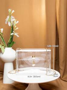 Argyle Princess Faux Pearl & Rhinestone Pearl Chain & Decor Faux Pearl Decor Transparent Flap Chain Square Bag For Party, Wedding, Prom And Dinner, Lipsticks, Women's Pearl Bag, Waterproof, Sandproof Transparent Bag, Beach Sports Picnic Snacks Clear Purse For Women - Clear - View 5