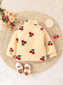 Baby Girl Cherry Pattern Zip Up Teddy Coat - Apricot - View 2