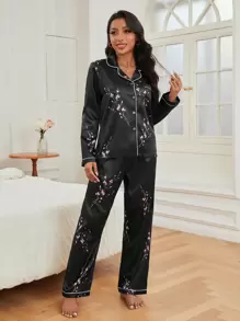 花卉印花撞色滚边缎面睡衣套装/睡衣套装 - 黑色 - 查看 5