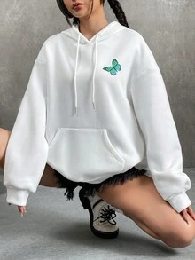 SHEIN EZwear 蝴蝶和字母圖案落肩袖連帽衫 - 白色 - 查看 6