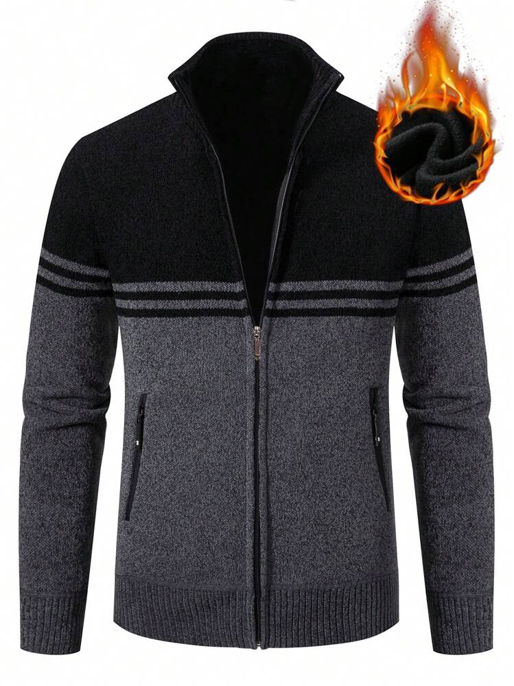 Manfinity Homme גברים הדפס פסים מחולק לצבעים ריפוד תרמי רוכסן קרדיגנים - ריבוי צבעים - ראה 1