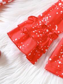 小女孩聖誕幼兒女孩休閒長袖聖誕老人印花襯衫與喇叭褲服裝套裝 - 紅色 - 查看 5