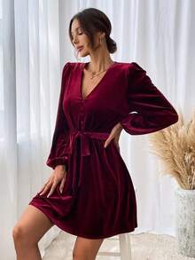 優雅腰帶 鈕扣純色女士連衣裙 - 酒紅色 - 查看 5
