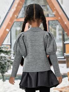 春季秋季女孩休閒羊腿袖立領毛衣 - 灰色 - 查看 2