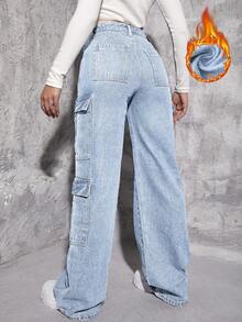 SHEIN EZwear Đã chải Chất vải Nhiệt Túi nắp bên cạnh Quần jean chở hàng - Rửa nhẹ - Xem 2