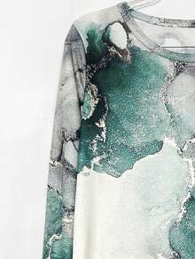 Women Fashion Casual Random Marble Print T-Shirt - Mint Green - View 4