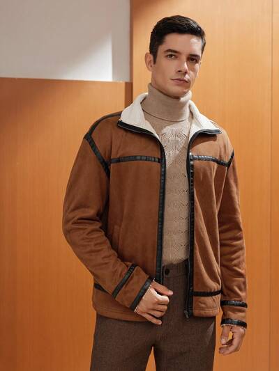 Men's Oversized Faux Suede Jacket With Teddy Lining And Contrast Binding