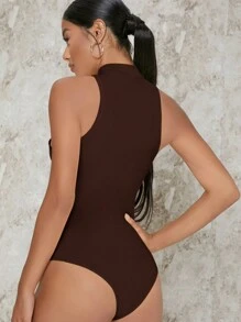 SHEIN BAE Ribbed Mock Neck Sleeveless Bodysuit - Coffee Brown - View 2