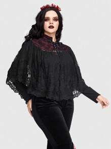 ROMWE PUNK Plus Lace Up Front Lace Cape Blouse - Black - View 6