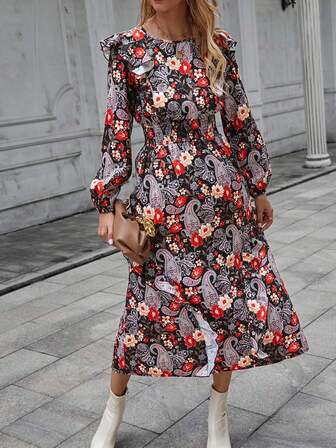 印花荷葉邊A字洋裝