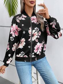 SHEIN VCAY Cazadora tipo bomber con estampado floral con cremallera - Negro - Ver 4