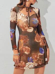 SHEIN Unity Vestido con estampado floral de cuello con cordón con abertura delantera de malla - Multicolor - Ver 5