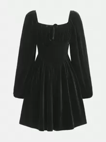 Tween Girls' Sporty Casual Velvet Solid Color Square Neck Long Sleeve Dress - Black - View 1