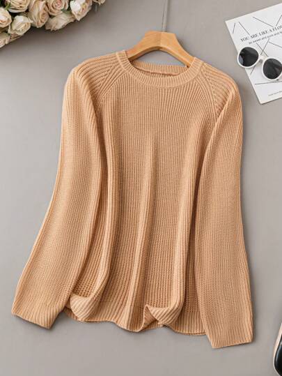 SHEIN LUNE Plus Solid Raglan Sleeve Ribbed Knit Sweater Knit Pullover Fall Winter Sweater