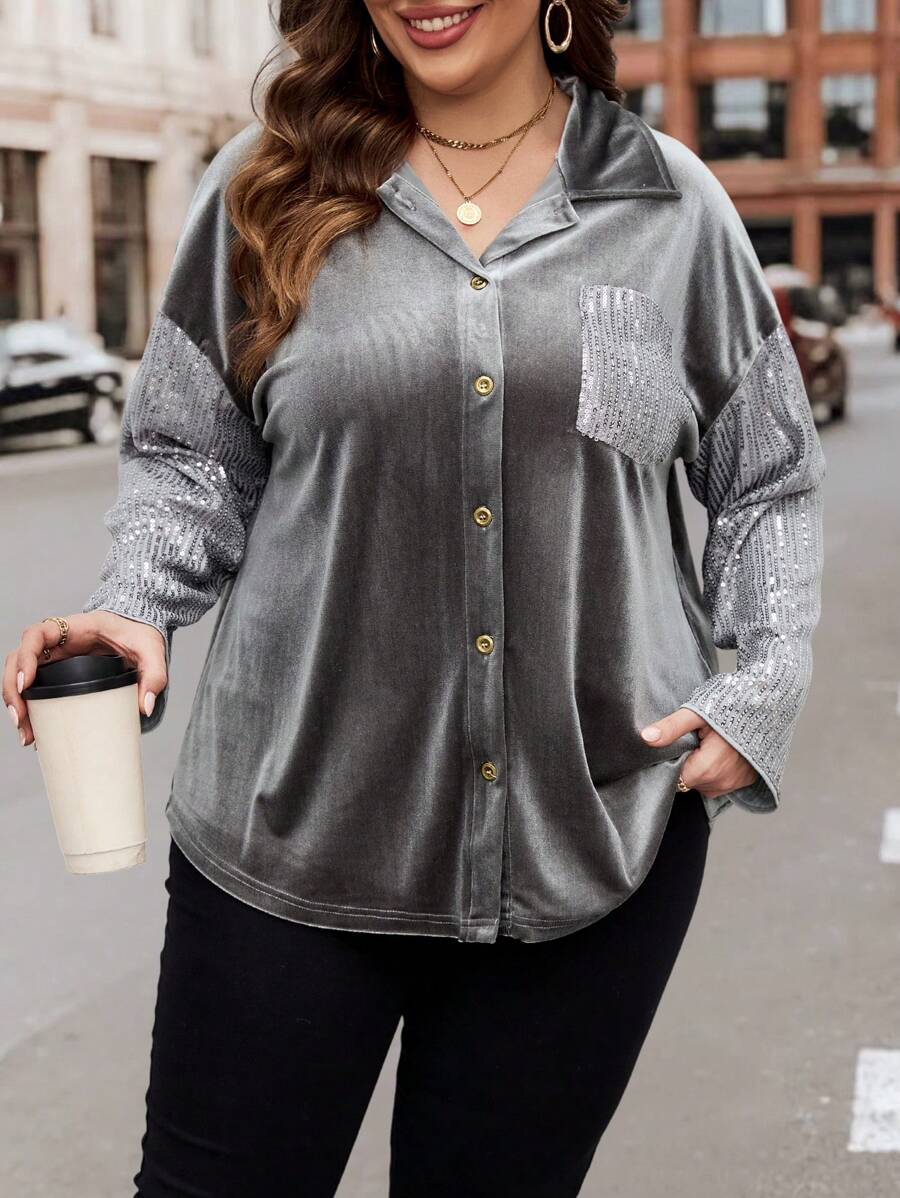 SHEIN LUNE Hơn Tương phản Sequin Thả vai Vá Túi Áo sơ mi - Xám - Xem 1
