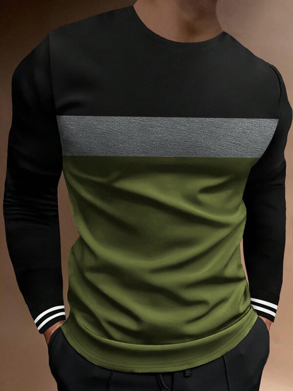Manfinity Homme Men Color Block Striped Trim Tee, Men's Long Sleeve Top, Green Top For Men, Men's Patchwork Top