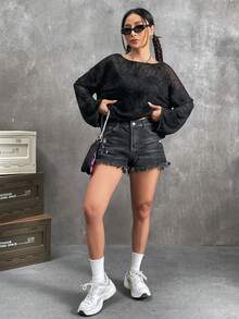 SHEIN EZwear 蜘蛛網印花落肩袖網紗上衣不附胸罩 - 黑色 - 查看 6