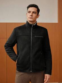 Manfinity NiteLyfe Men Casual Solid Color Stand Collar Thermal Lined Zip Up Jacket, Autumn/Winter - Black - View 7