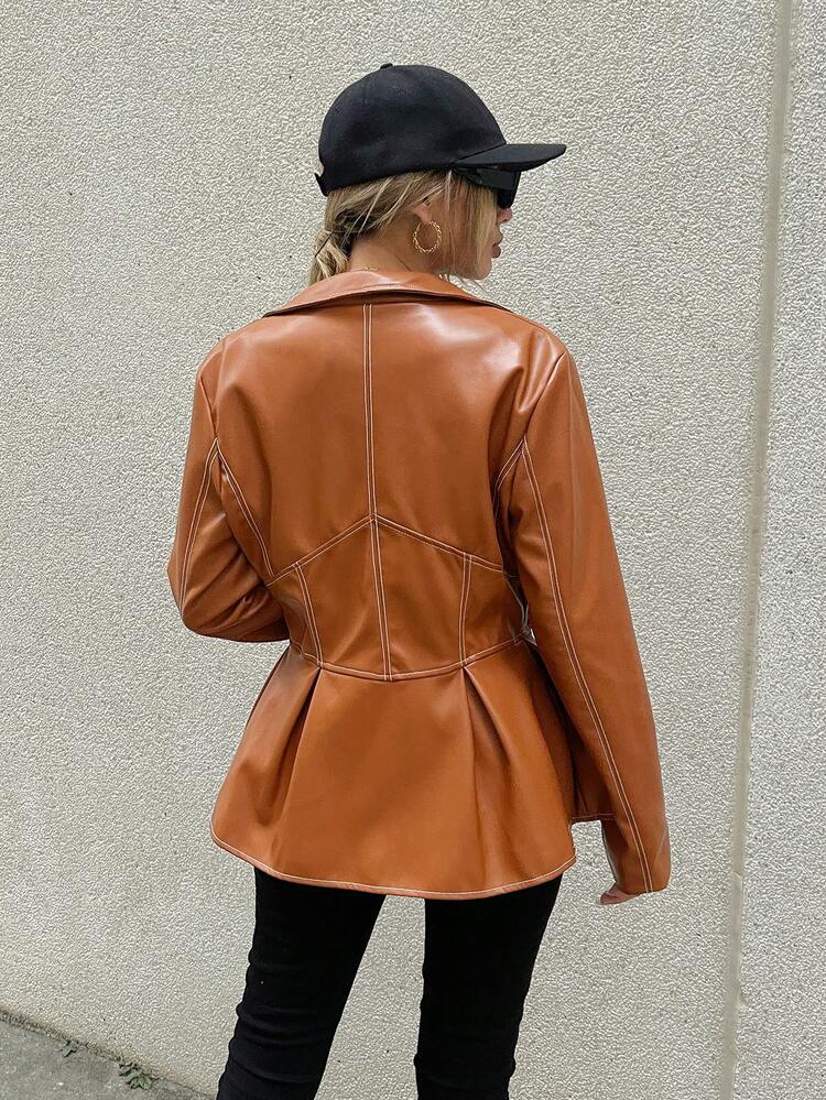 Zip Up Peplum PU Jacket Fall Cloth For Women