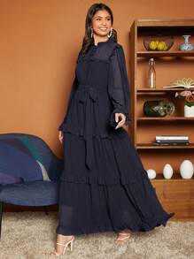 SHEIN VCAY Ruffle Trim Belted Ruffle Hem Dress - Navy Blue - View 3