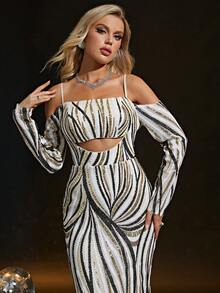 Cold Shoulder Sequin Formal Dress - Apricot - View 5