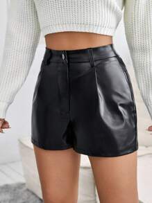 SHEIN PETITE Pu皮革黑色短褲 - 黑色 - 查看 3