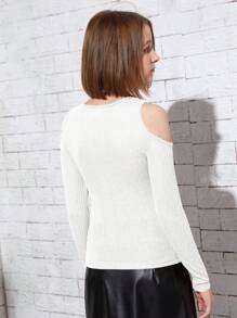 SHEIN 青少年女孩純色空心長袖T恤，適用於春秋兩季 - 白色 - 查看 2