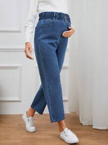 SHEIN Maternity Paperbag Waist Straight Leg Jeans - Medium Wash - View 5