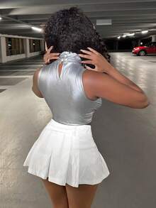 Slaydiva Mock Neck Crop Tank Top - Silver - View 2