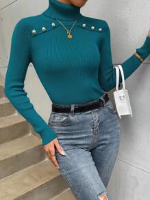 Selianne 高领纽扣细节罗纹针织套头衫秋冬毛衣 - 藍色 - 查看 4