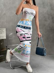 SHEIN Coolane Letter Graphic Tube Bodycon Dress - White - View 4