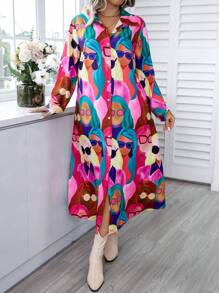 Calvaya Đầm dài thường ngày in hoa cổ polo tay dài xắn gấu cỡ lớn thích hợp cho đi chơi và dự tiệc - Nhiều màu - Xem 3