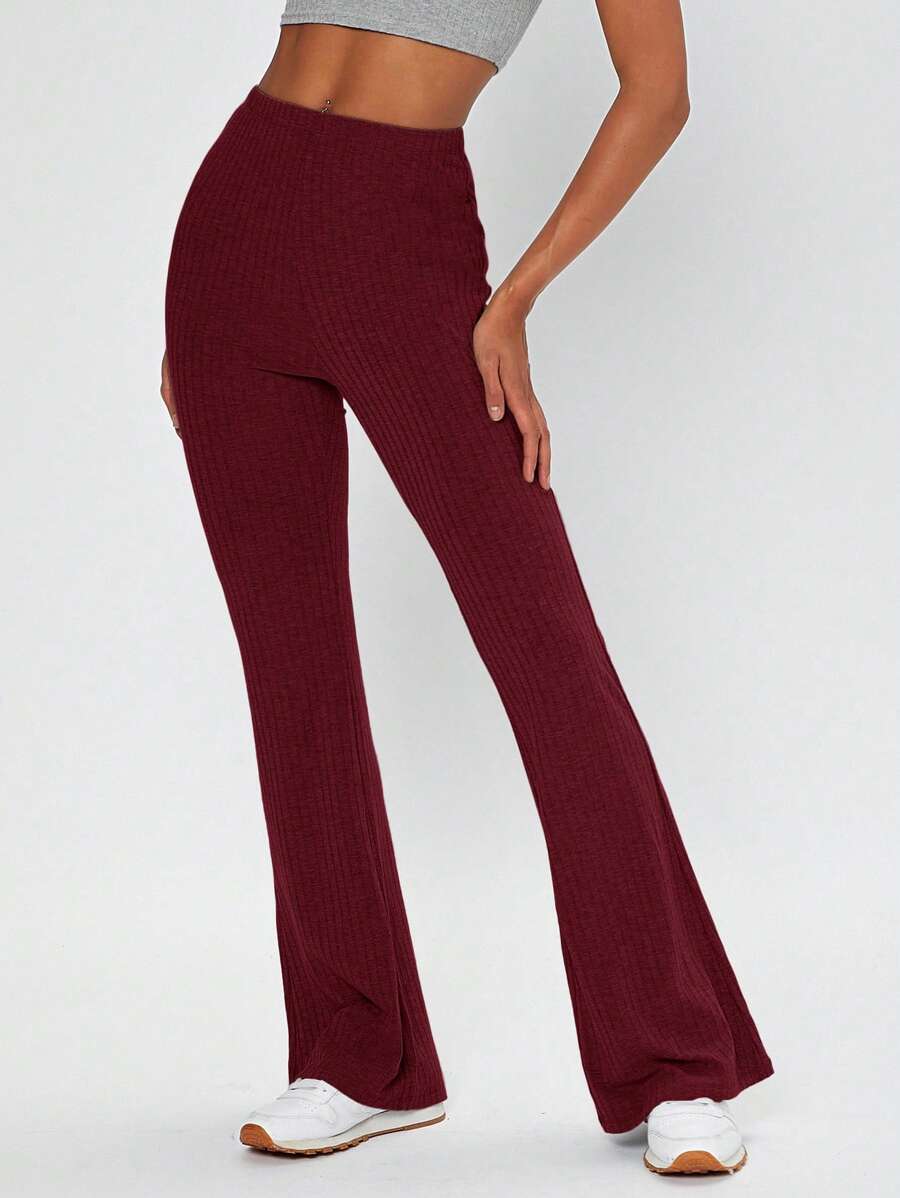 SHEIN Tall 優雅羅紋針織純色女士長褲 - 紫紅色 - 查看 1