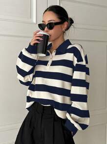 DAZY Striped Print Polo Neck Drop Shoulder Sweatshirt - Blue and White - View 1