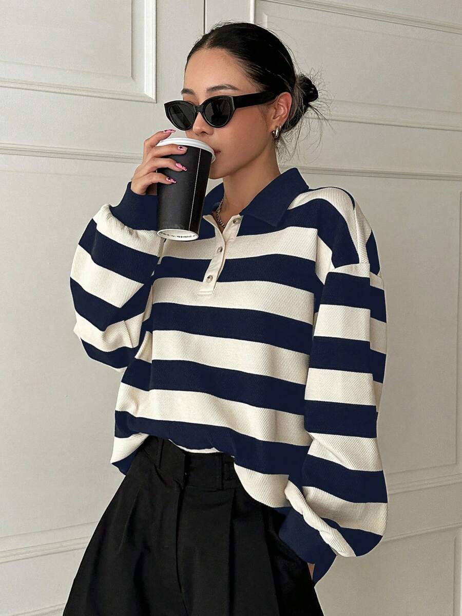 DAZY Striped Print Polo Neck Drop Shoulder Sweatshirt - Blue and White - View 1