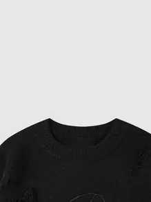 ANDREILEE Unisex Casual Loose Fit Crew Neck Sweater With Letter Embroidery, Star Distressed Fringe Design, Versatile Long Sleeve Knit Top For Spring, Autumn, Winter - Black - View 5