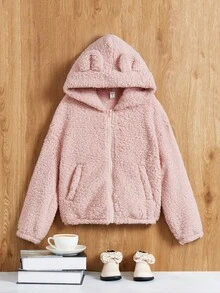 SHEIN 女大童拉鏈開襟落肩袖連帽法蘭絨夾克 - 粉色 - 查看 4