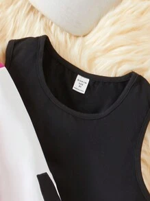 SHEIN Tween Girl Letter Graphic Colorblock Baseball Collar Jacket & Tank Dress - Hot Pink - View 3