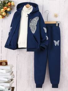 SHEIN Chica preadolescente 1 pieza con estampado de mariposa con forro térmico con capucha Cazadora & 1 pieza Pantalones deportivos